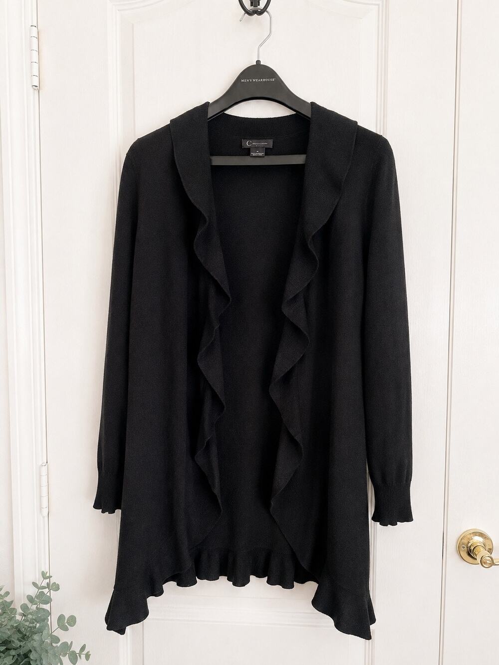 C by Bloomingdale’s Black 100% 2 ply Cashmere Ruffle Open Front Cardigan Size M